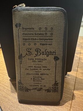 Bulgari Olive Herringbone Zip-Around Wallet with Black Print